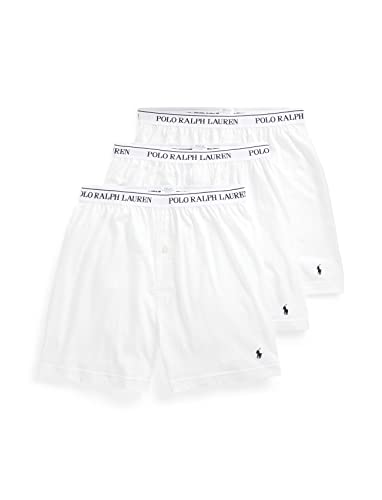 POLO RALPH LAUREN Men's Classic Fit Cotton Knit Boxers, White/Cruise Navy, Medium