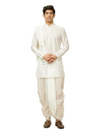 Manyavar Mens White Art Silk Solid Kurta Pancha Set