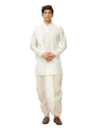 Manyavar Mens White Art Silk Solid Kurta Pancha Set
