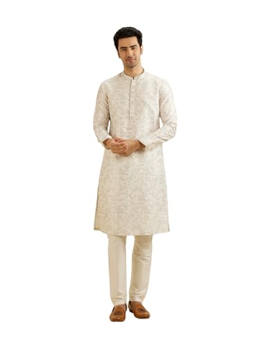 Manyavar MenS Art Silk Bel Buti Printed Kurta Set (Warm White,L)