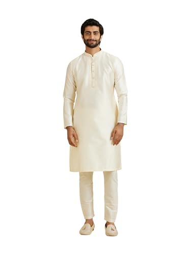 Manyavar MenS Art Silk Self-Textured Kurta Pyjama Set(Cream,Xxl)