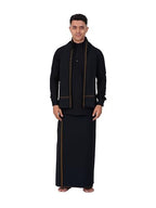 PRAKASAM COTTON Mens Single Small (Roja) Border (1.28x2.00 mtrs) Black Dhoti + Readymade Full Sleeve Mandarin Collar Black Shirt