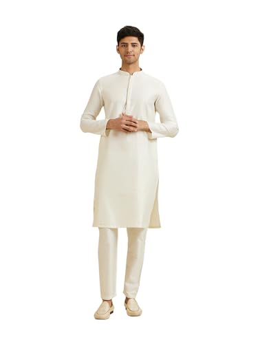 Manyavar MenS Viscose Blend Textured Kurta Pyjama Set(Warm White,L)