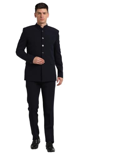 Turtle Men Poly Viscose Mandarin Collar Tailored Fit Navy Blue Three Piece Party Suits