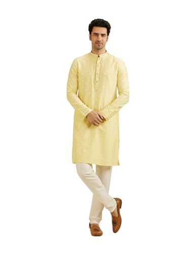 Manyavar MenS Viscose Blend Sequin Work Kurta Set (Yellow,Xl)