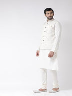 Kisah Men White Kurta With Churidar, Full Sleaves, Knee Length, Straight, Regular Fit, Mandarin Collar Ethnic Wear