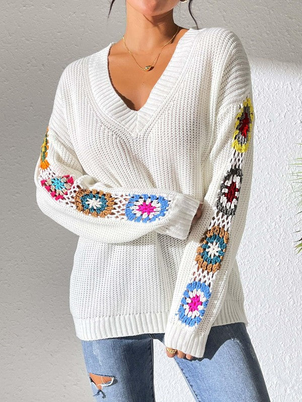 Miss Sparkling V neck crochet sleeve sweater