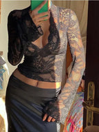 Floral Lace Mesh V-neck top