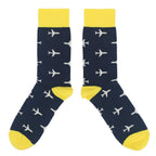 Navy Yellow Airplane Pattern Men's Over-the-Calf Dress Socks