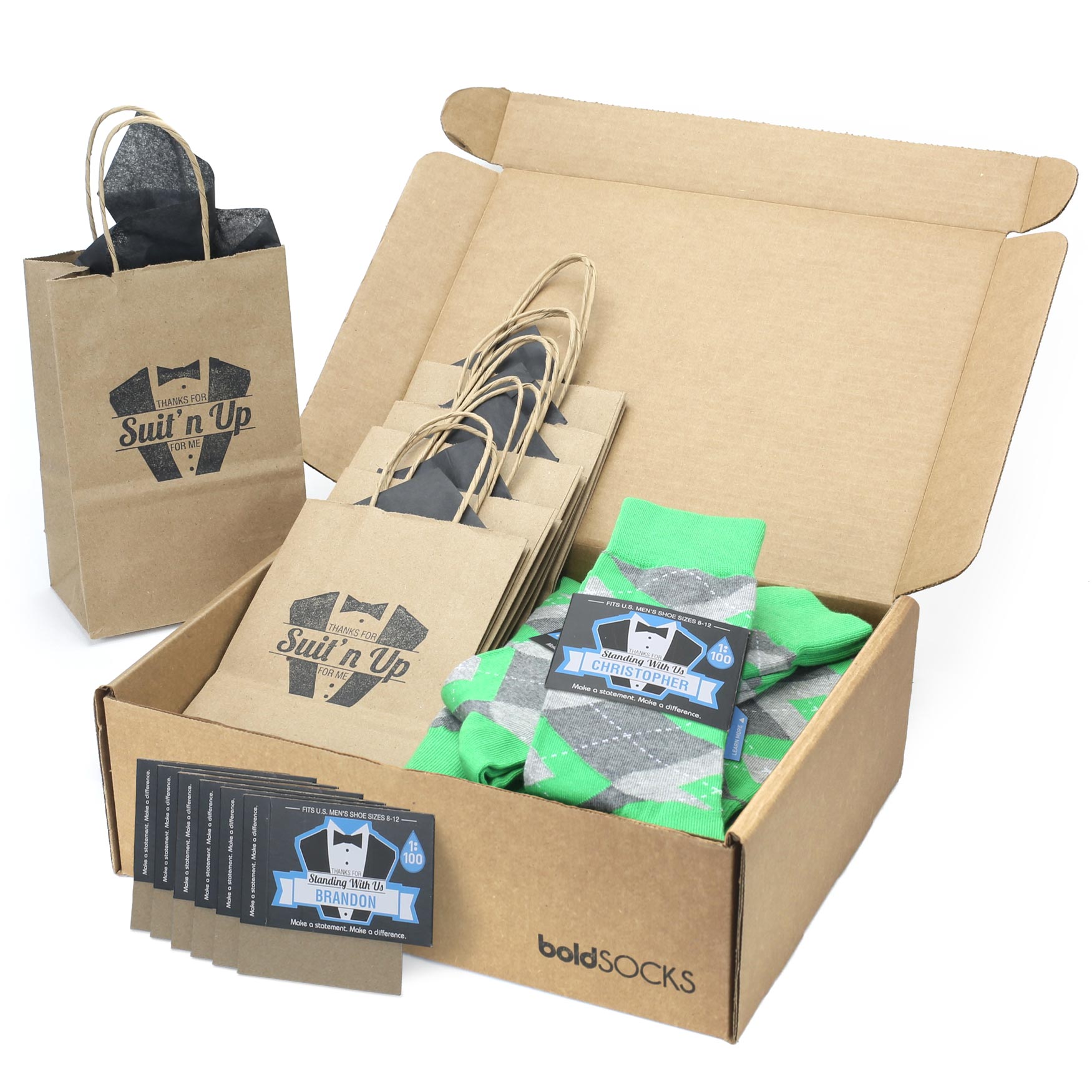 Customizable Groomsmen Gift Set Kelly Green Gray Argyle Men’s Dress Socks