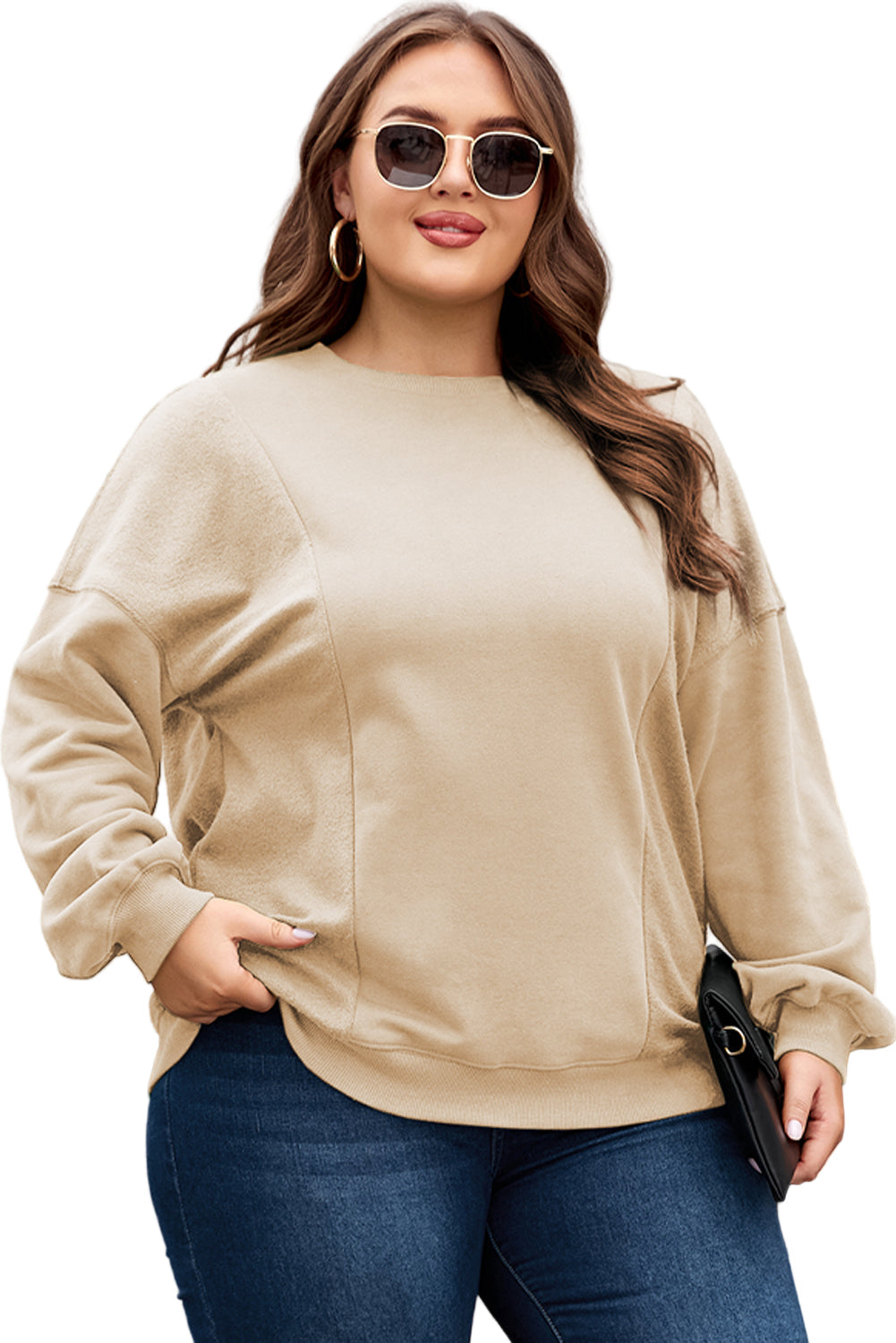 Apricot Loose Patchwork Crewneck Plus Size Sweatshirt
