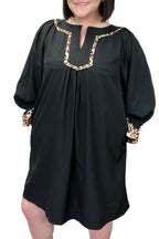 Black Plus Size Notched Neck Leopard Trim Flounce Long Sleeve Shift Dress