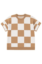 Light French Beige Plus Size Checkered Pattern Knit Short Sleeve Sweater