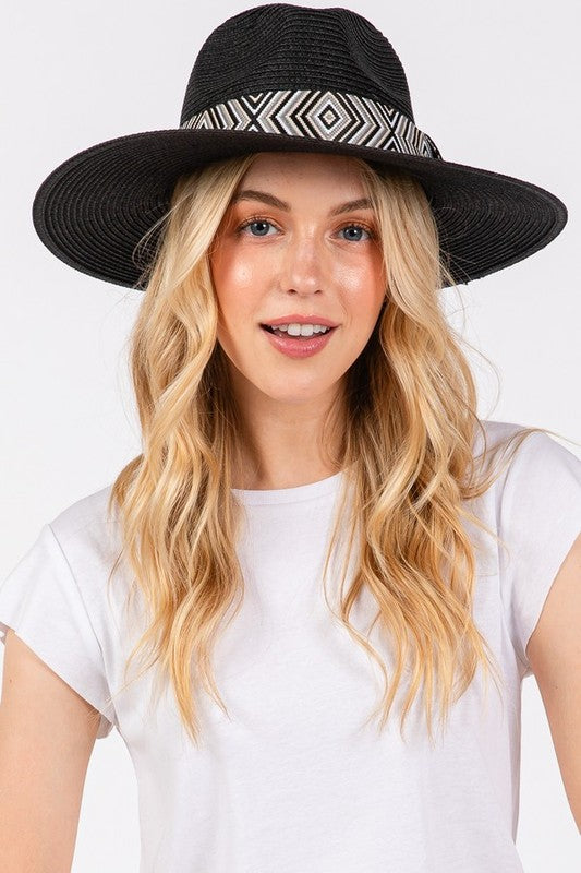 Aztec Jacquard Ribbon Straw Fedora Hat