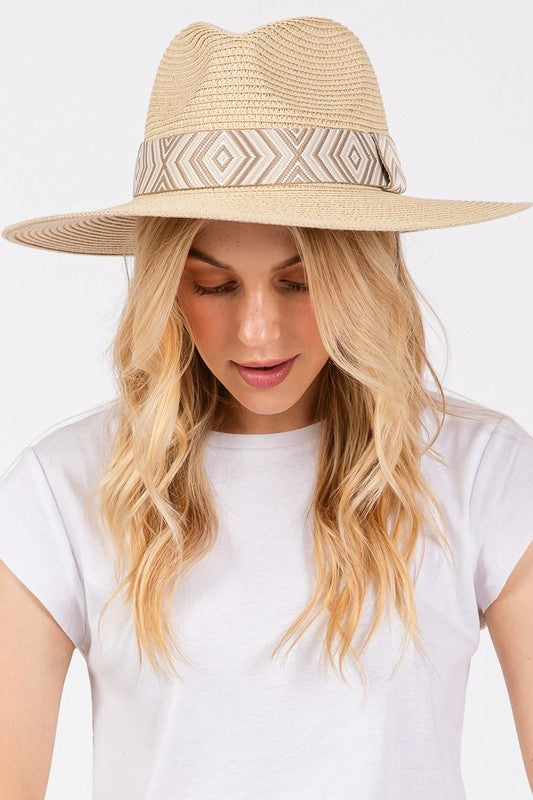 Aztec Jacquard Ribbon Straw Fedora Hat