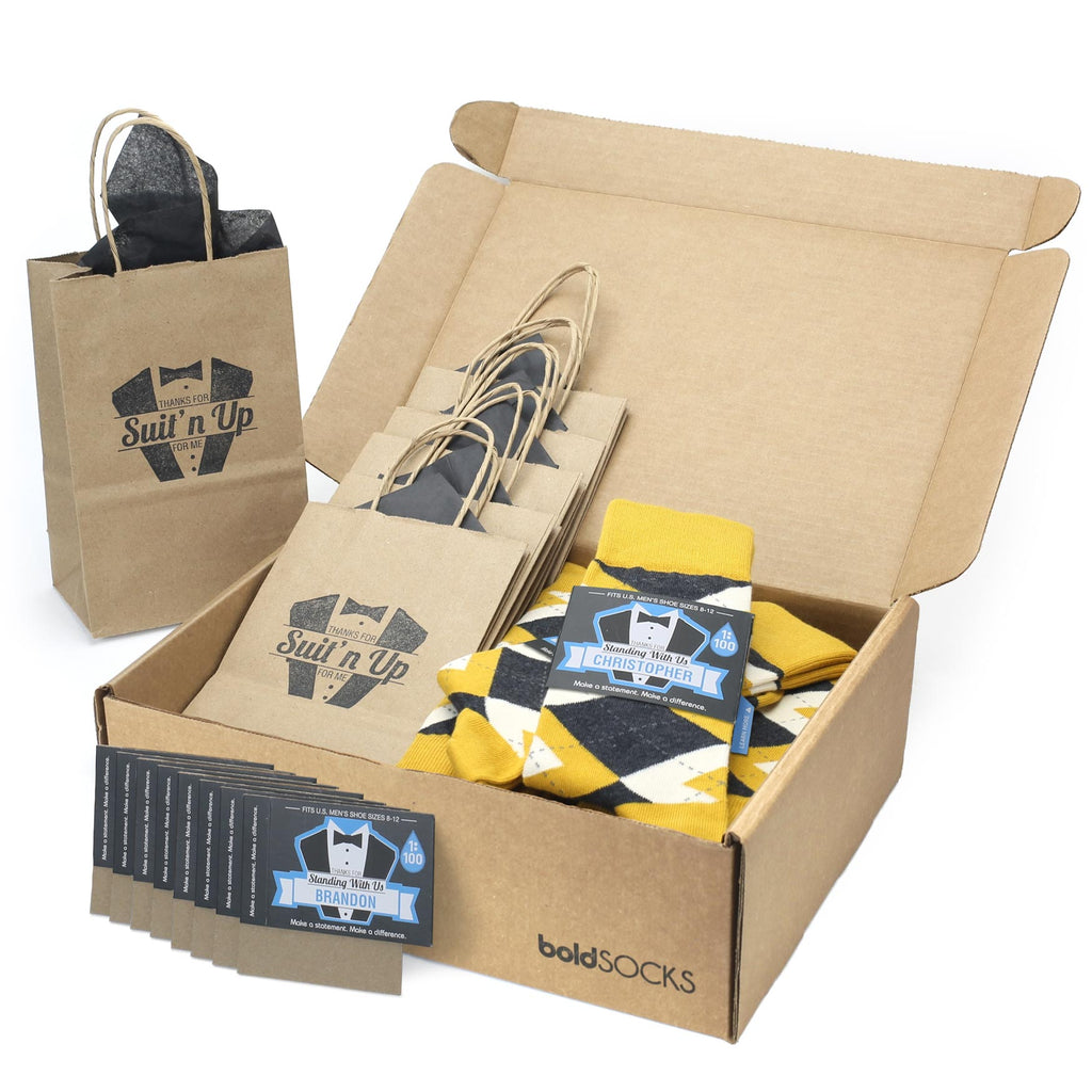 Customizable Groomsmen Gift Set Mustard Yellow Gray Argyle Men’s Dress Socks