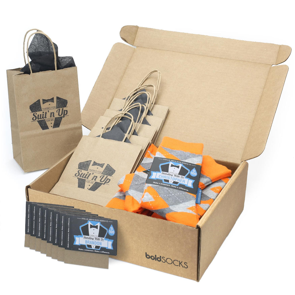 Customizable Groomsmen Gift Set Tangerine Orange Grey Argyle Men’s Dress Socks