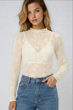 Mesh bow printed long sleeve top