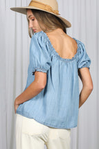 Puff Short Sleeve Ruffle Details Chambray Top
