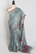 Benu: Grey & Red Bengal Tussar Silk Saree | Intricate Jamdani Weaving