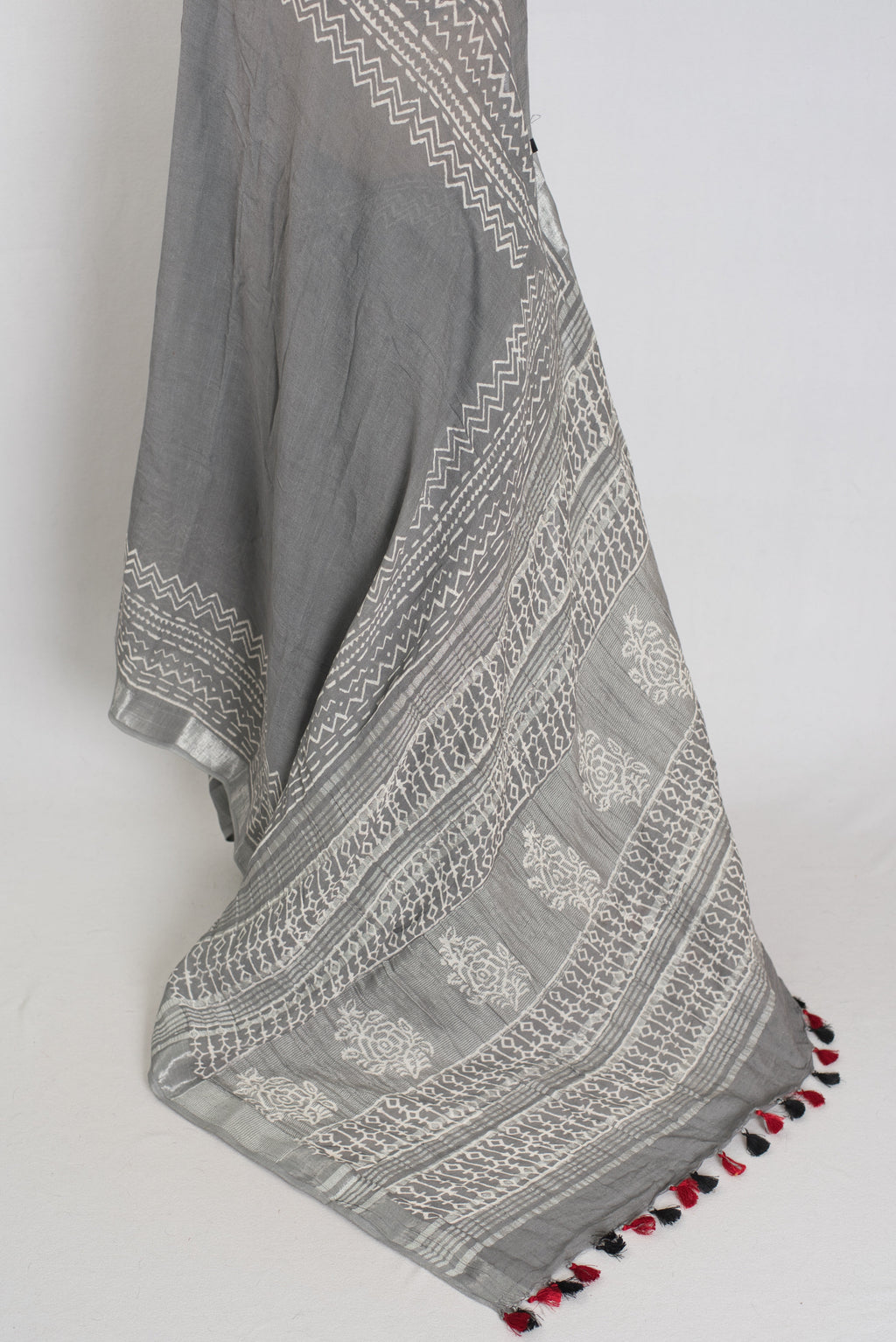 Snigdha: Grey and Silver Hand Block Printed Saree | Soft Linen Cotton