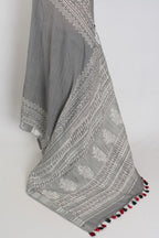 Snigdha: Grey and Silver Hand Block Printed Saree | Soft Linen Cotton