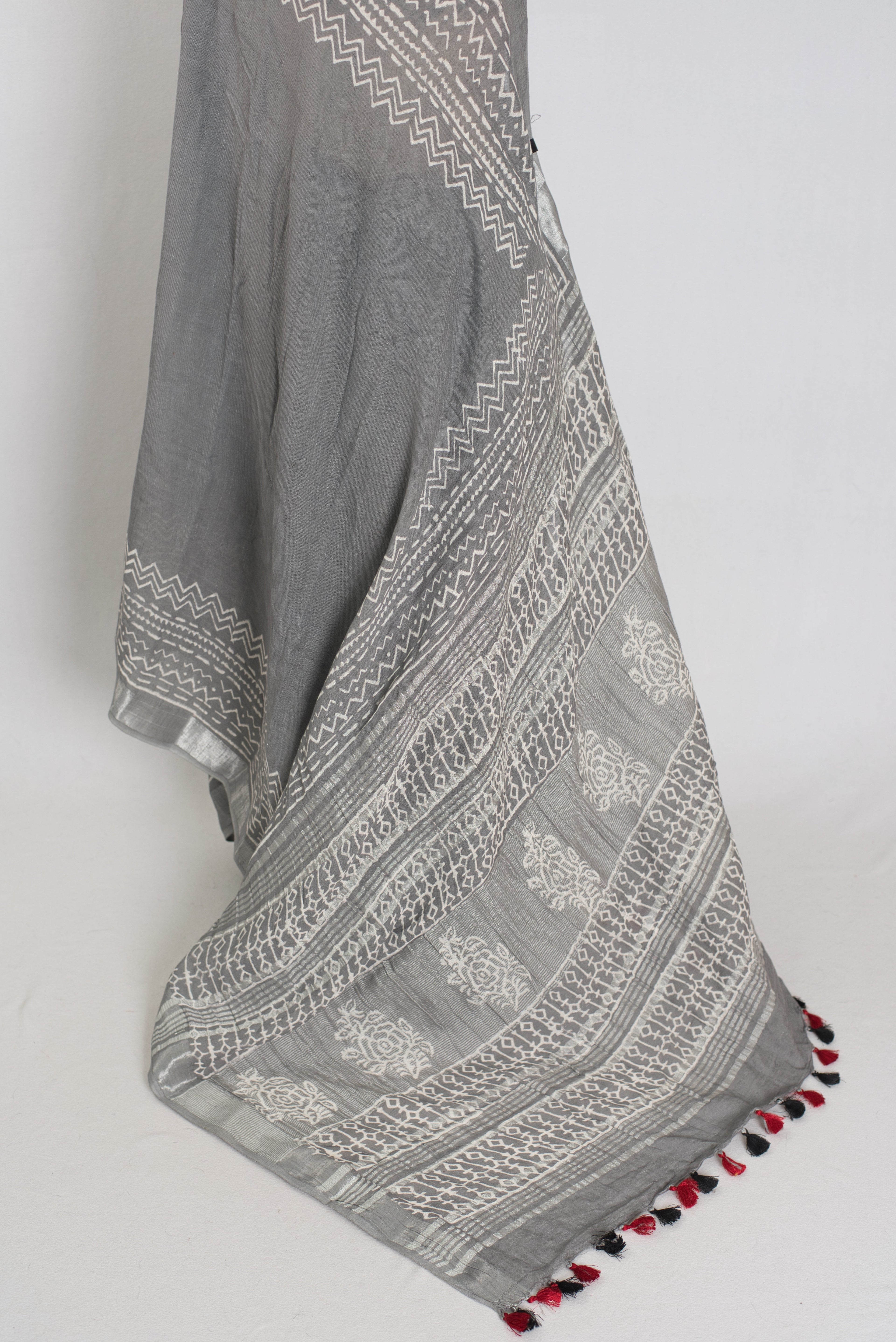 Snigdha: Grey and Silver Hand Block Printed Saree | Soft Linen Cotton