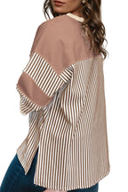 Khaki Stripe Patchwork Bracelet Sleeve Plus Size T Shirt