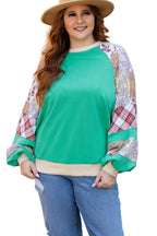 Sky Blue Plus Size Plaid Floral Patchwork Raglan Sleeve Sweatshirt