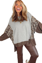 Gray Plus Size Leopard Color Block Patchwork Dolman Sweatshirt