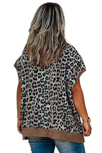 Khaki Leopard Contrast Trim Short Sleeve Loose Plus Size Top