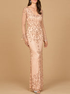 Beaded Long Sleeve V-neck Gown