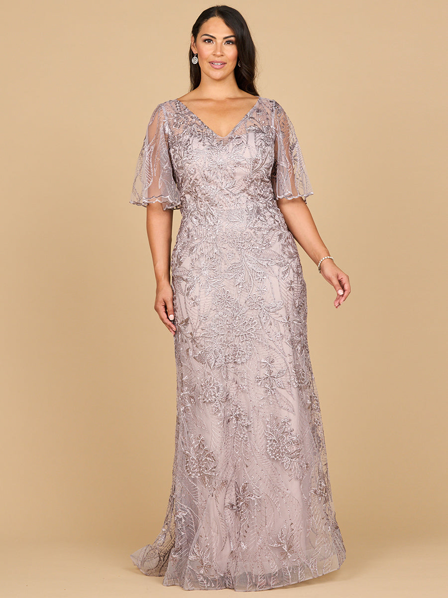 Lara 28880- Overskirt Lace Fitted V-Neck Gown with Cape Sleeves