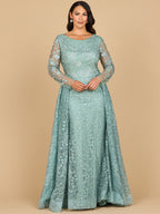 Long Sleeve Gown with Overskirt & Illusion Neckline
