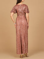 Fully Beaded Gown with Flutter Sleeves