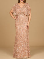 Beaded Gown with Draped Cape Sleeves