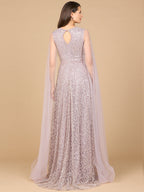 Beaded Lace Gown with Cape Sleeves