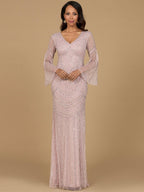 Long Sleeve Beaded Gown with Trumpet Sleeves