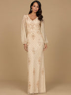 Long Sleeve Beaded Gown with Bishop Sleeves