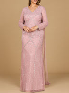 Long Sleeve Beaded Gown with Cape