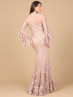 Lace, V Neck, Long Bell Sleeve Gown