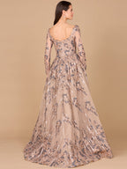 Long Sleeve Scoop Neck Lace Gown with Overskirt
