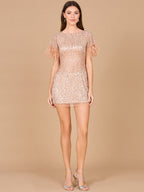 Short Sleeve Cocktail Dress with Feathers