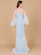 Cold Shoulder Mermaid Lace Gown with Feathers - OUTLET