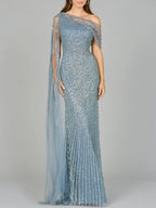 One Shoulder Fitted Gown with Cape Sleeve