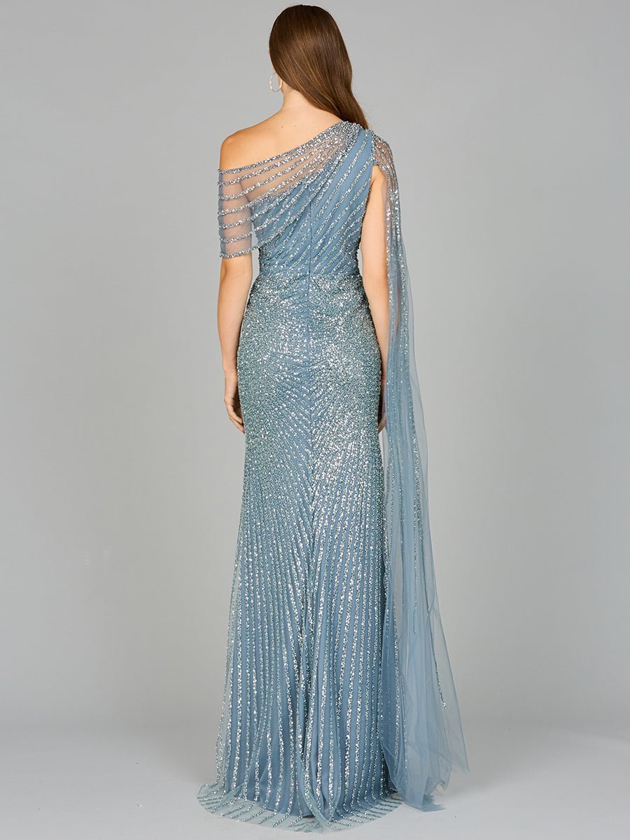 One Shoulder Fitted Gown with Cape Sleeve