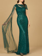 One Shoulder Fitted Gown with Cape Sleeve
