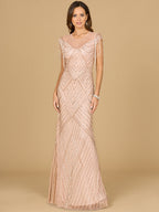 Beaded Fringe Illusion Dress with Cap Sleeves