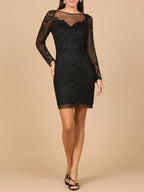 Long Sleeve Cocktail Dress with Illusion Neckline