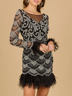 Beaded Short Dress with Feathers and Sleeves